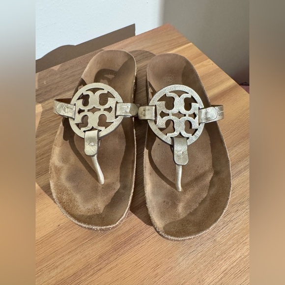 Tory Burch Miller Cloud Sandals Metallic Gold Leather Cork 6.5 US EUC - Picture 2 of 9